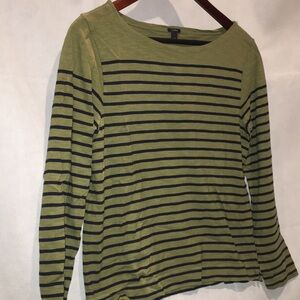 J Crew Olive And Black Cotton Striped Boat Neck Top | Size M